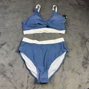 BMJL Bikini Swimsuit Womens Large Blue White High Waisted Two Piece Bathing Suit